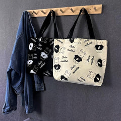 Rabbit Bear Pattern Canvas Tote Bag Large Capacity Handbag Sling Bag
