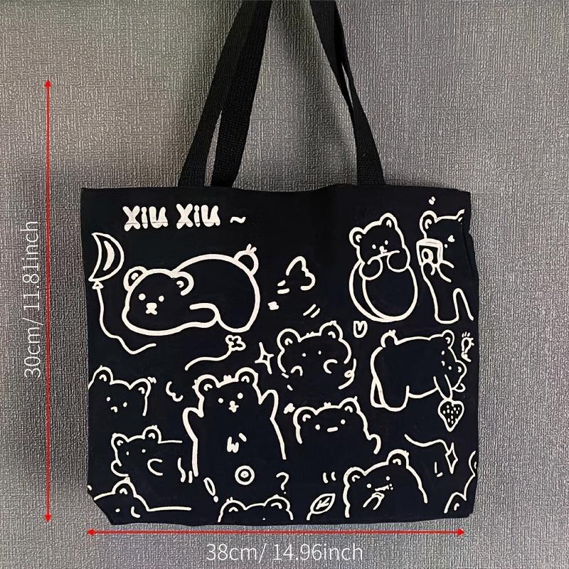 Rabbit Bear Pattern Canvas Tote Bag Large Capacity Handbag Sling Bag