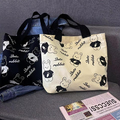 Rabbit Bear Pattern Canvas Tote Bag Large Capacity Handbag Sling Bag