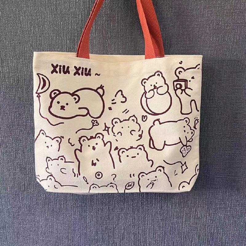 Rabbit Bear Pattern Canvas Tote Bag Large Capacity Handbag Sling Bag