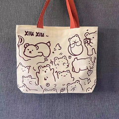 Rabbit Bear Pattern Canvas Tote Bag Large Capacity Handbag Sling Bag