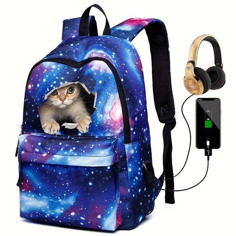 Starry Sky & Cat Print Backpack Durable Lightweight School Travel Bag