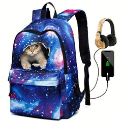 Starry Sky & Cat Print Backpack Durable Lightweight School Travel Bag