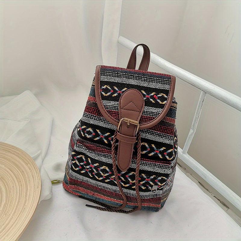 Vintage Canvas Flap Backpack Boho Style Drawstring Daypack