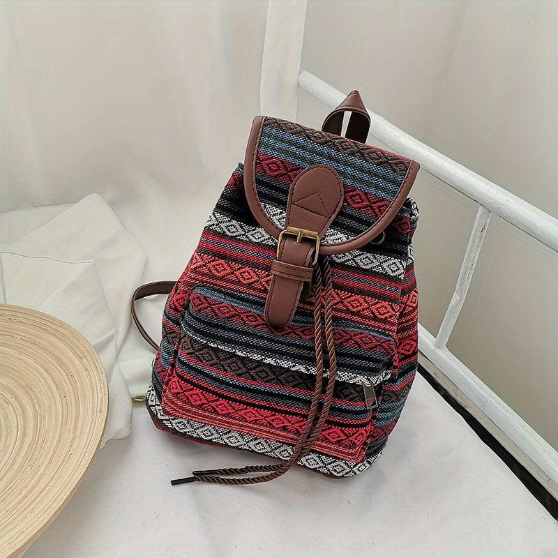 Vintage Canvas Flap Backpack Boho Style Drawstring Daypack