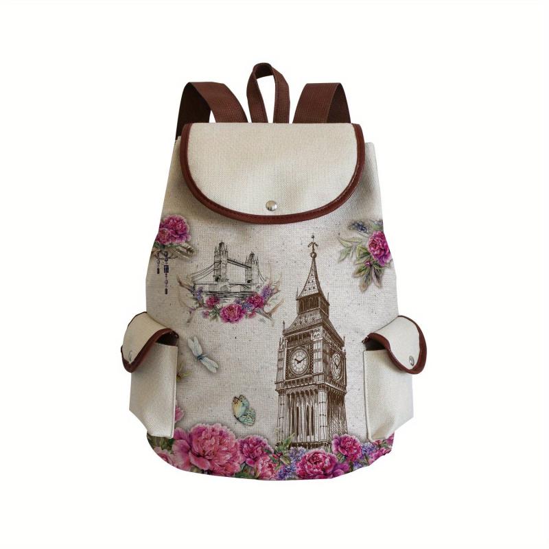 Cartoon Tower Print Drawstring Large Capacity Backpack