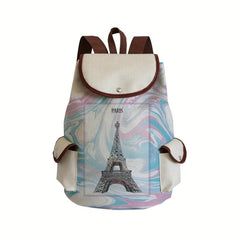 Cartoon Tower Print Drawstring Large Capacity Backpack