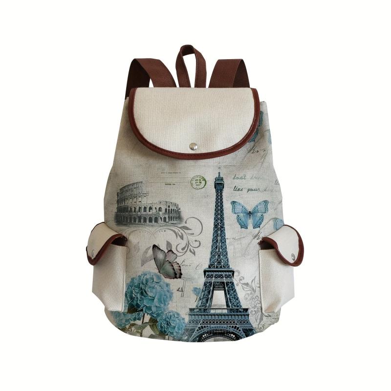 Cartoon Tower Print Drawstring Large Capacity Backpack