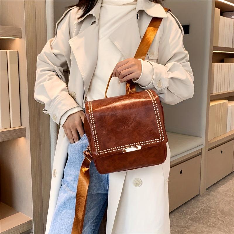 Vintage Glossy Solid Backpack PU Leather School Commuter Bag