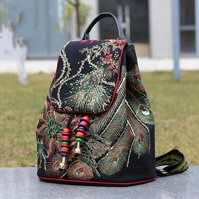 Phoenix Sequin Embroidered Canvas Drawstring Backpack