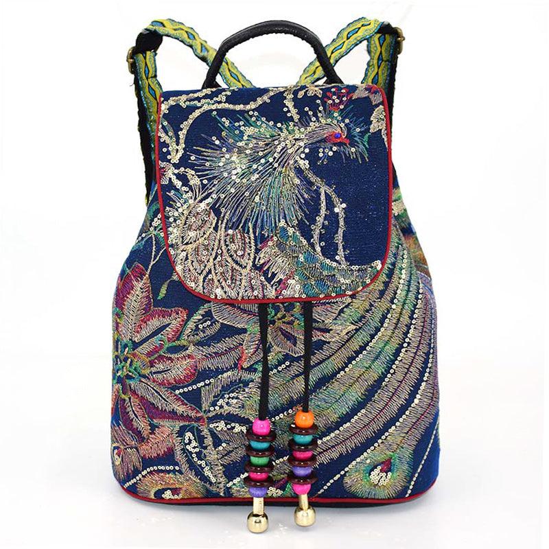 Phoenix Sequin Embroidered Canvas Drawstring Backpack