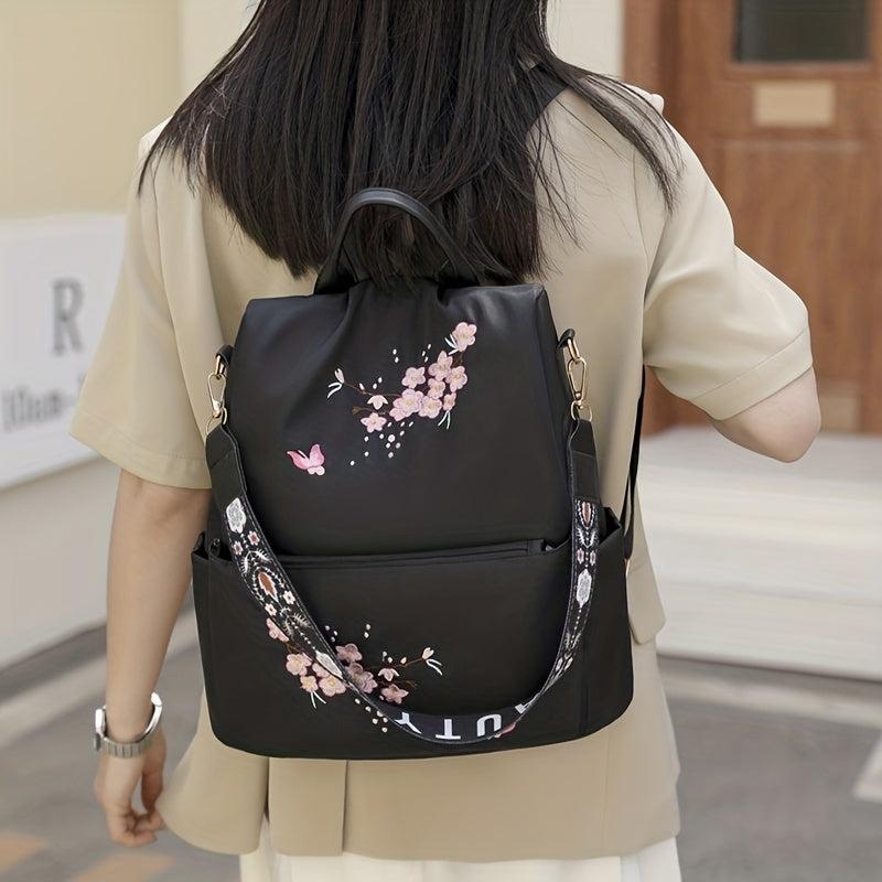 Floral Embroidered Backpack Lightweight Shoulder Bag Canvas