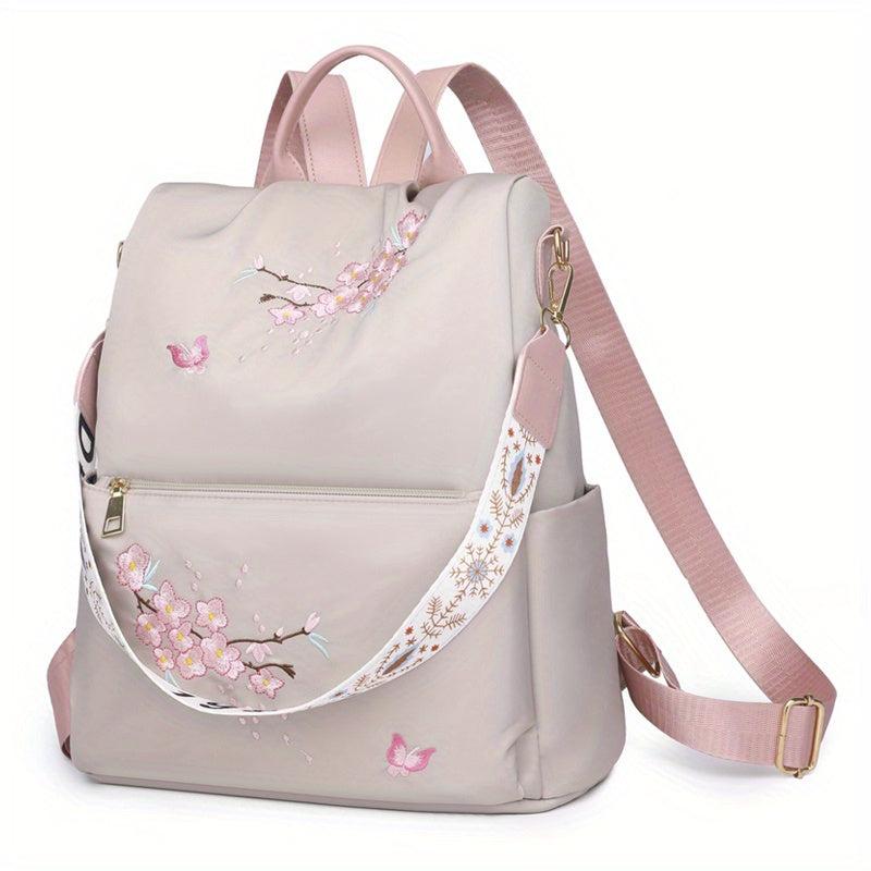 Floral Embroidered Backpack Lightweight Shoulder Bag Canvas