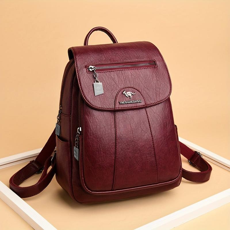 Large Capacity Flap Backpack PU Leather Textured Waterproof School Backpack