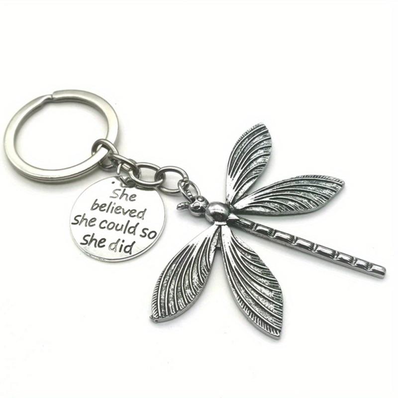 Vintage Dragonfly Keychain Stylish Spiral Bar Metal Pendant Unisex Keyring