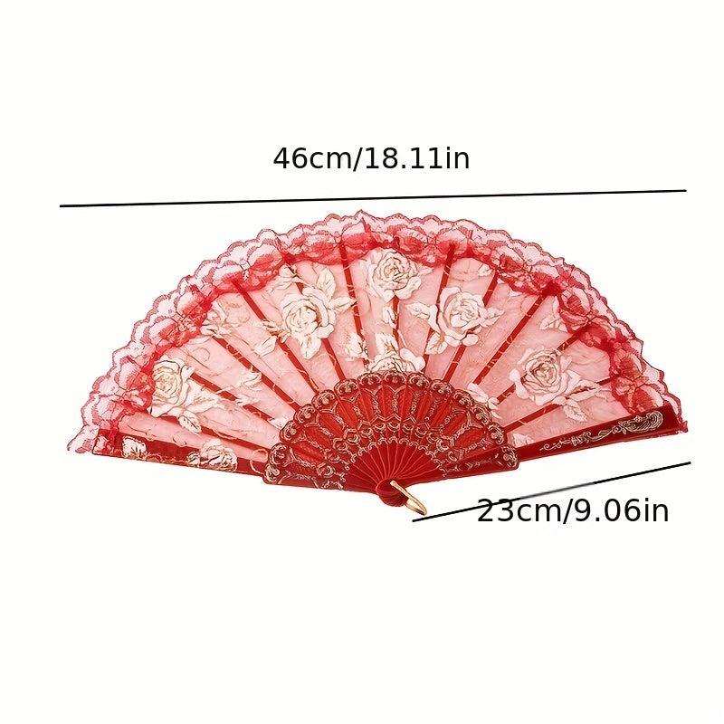 Rose Floral Silky Lace Fan Dance Performance Vintage Fan