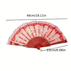 Rose Floral Silky Lace Fan Dance Performance Vintage Fan