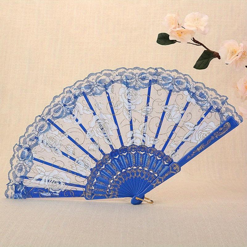 Rose Floral Silky Lace Fan Dance Performance Vintage Fan