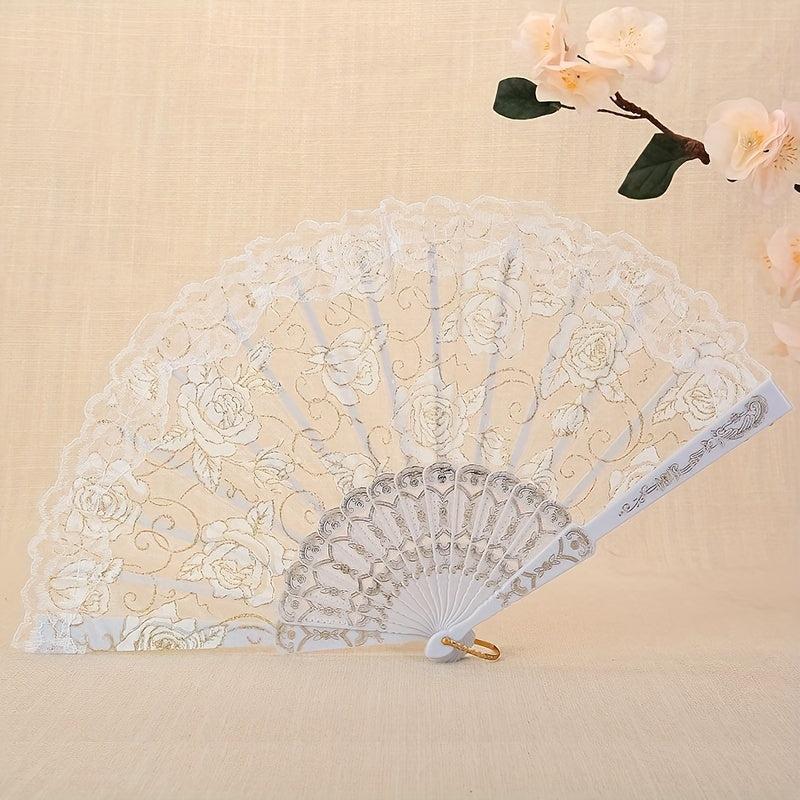 Rose Floral Silky Lace Fan Dance Performance Vintage Fan