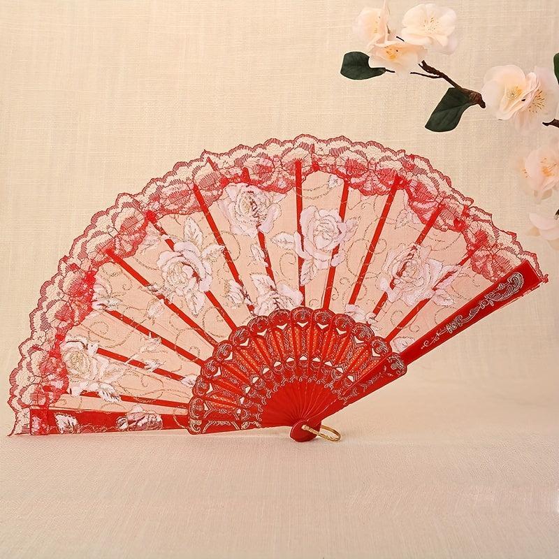 Rose Floral Silky Lace Fan Dance Performance Vintage Fan