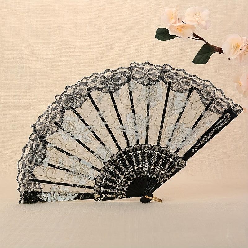 Rose Floral Silky Lace Fan Dance Performance Vintage Fan