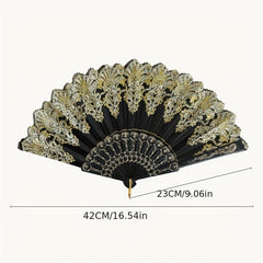 Golden Flower Pattern Folding Plastic Hand Held Fan
