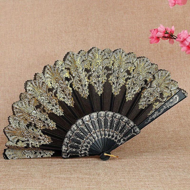 Golden Flower Pattern Folding Plastic Hand Held Fan
