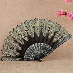 Golden Flower Pattern Folding Plastic Hand Held Fan