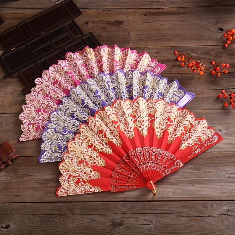 Golden Flower Pattern Folding Plastic Hand Held Fan