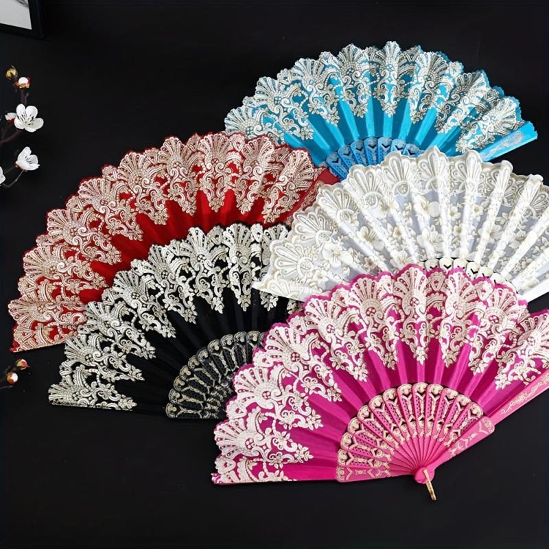 Golden Flower Pattern Folding Plastic Hand Held Fan