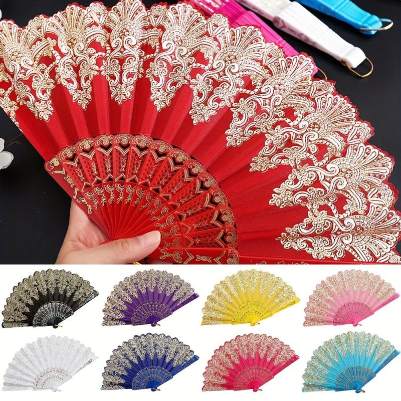 Golden Flower Pattern Folding Plastic Hand Held Fan