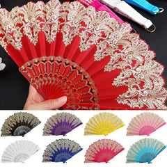 Golden Flower Pattern Folding Plastic Hand Held Fan