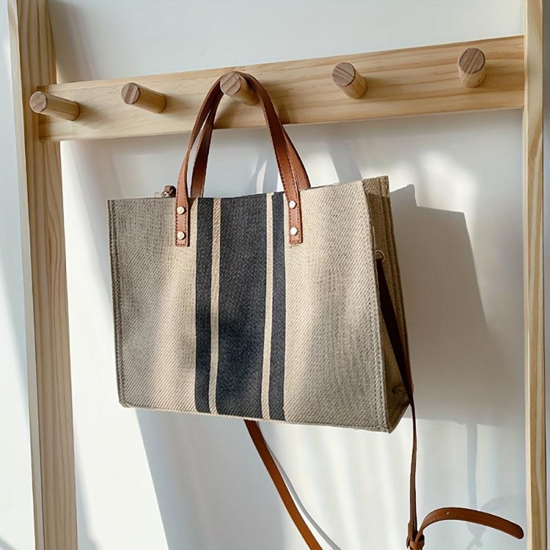 Striped Canvas Tote Shoulder Bag Large Capacity Women's Handbags