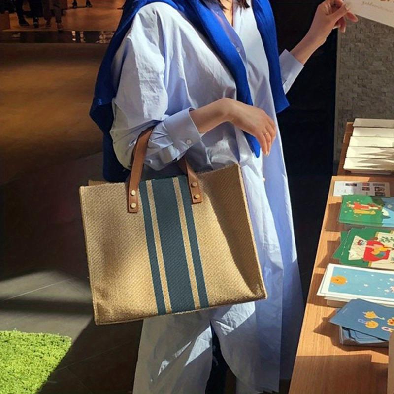 Striped Canvas Tote Shoulder Bag Large Capacity Women's Handbags