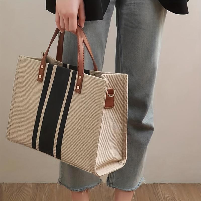 Striped Canvas Tote Shoulder Bag Large Capacity Women's Handbags