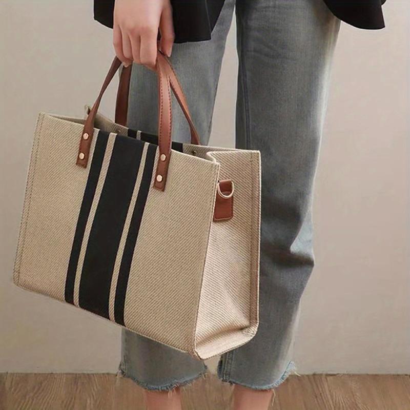 Striped Canvas Tote Shoulder Bag Large Capacity Women's Handbags