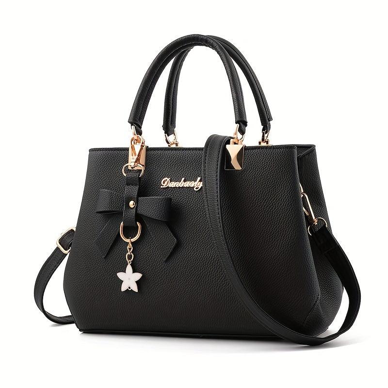 Bow Decor Handbags Solid Satchel Purse Women's PU Leather Crossbody Bag