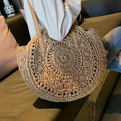 Round Straw Woven Tote Bag Summer Beach Bag Hollow Out Woven Shoulder Bag