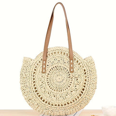 Round Straw Woven Tote Bag Summer Beach Bag Hollow Out Woven Shoulder Bag