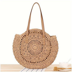 Round Straw Woven Tote Bag Summer Beach Bag Hollow Out Woven Shoulder Bag