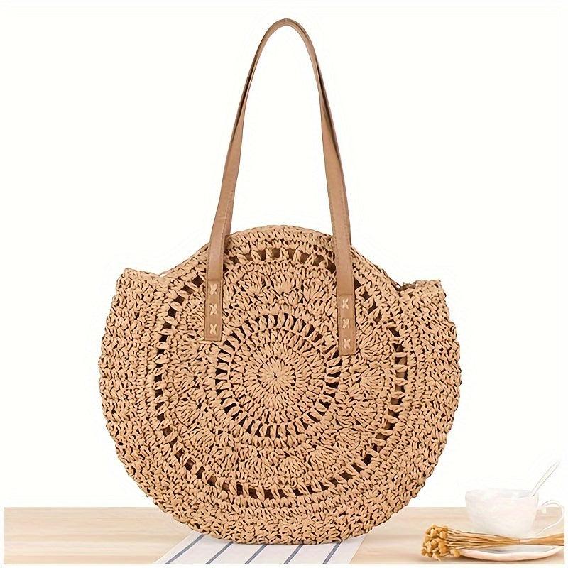Round Straw Woven Tote Bag Summer Beach Bag Hollow Out Woven Shoulder Bag