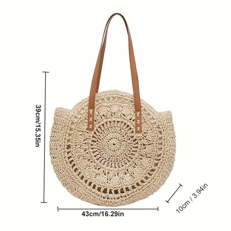 Round Straw Woven Tote Bag Summer Beach Bag Hollow Out Woven Shoulder Bag