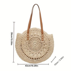 Round Straw Woven Tote Bag Summer Beach Bag Hollow Out Woven Shoulder Bag