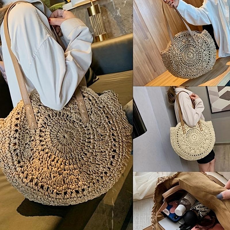 Round Straw Woven Tote Bag Summer Beach Bag Hollow Out Woven Shoulder Bag