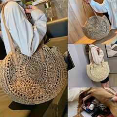 Round Straw Woven Tote Bag Summer Beach Bag Hollow Out Woven Shoulder Bag