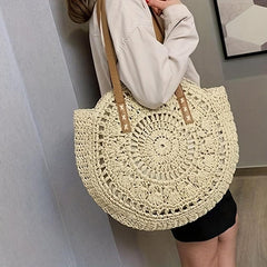 Round Straw Woven Tote Bag Summer Beach Bag Hollow Out Woven Shoulder Bag