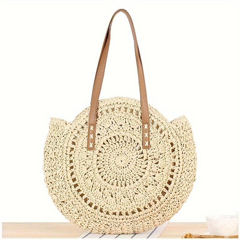 Round Straw Woven Tote Bag Summer Beach Bag Hollow Out Woven Shoulder Bag