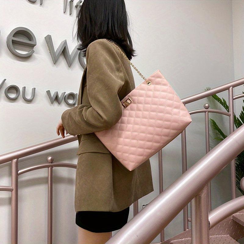 Quilted Chain Tote Bag PU Leather Handbag Women's Large Capacity Shoulder Bag