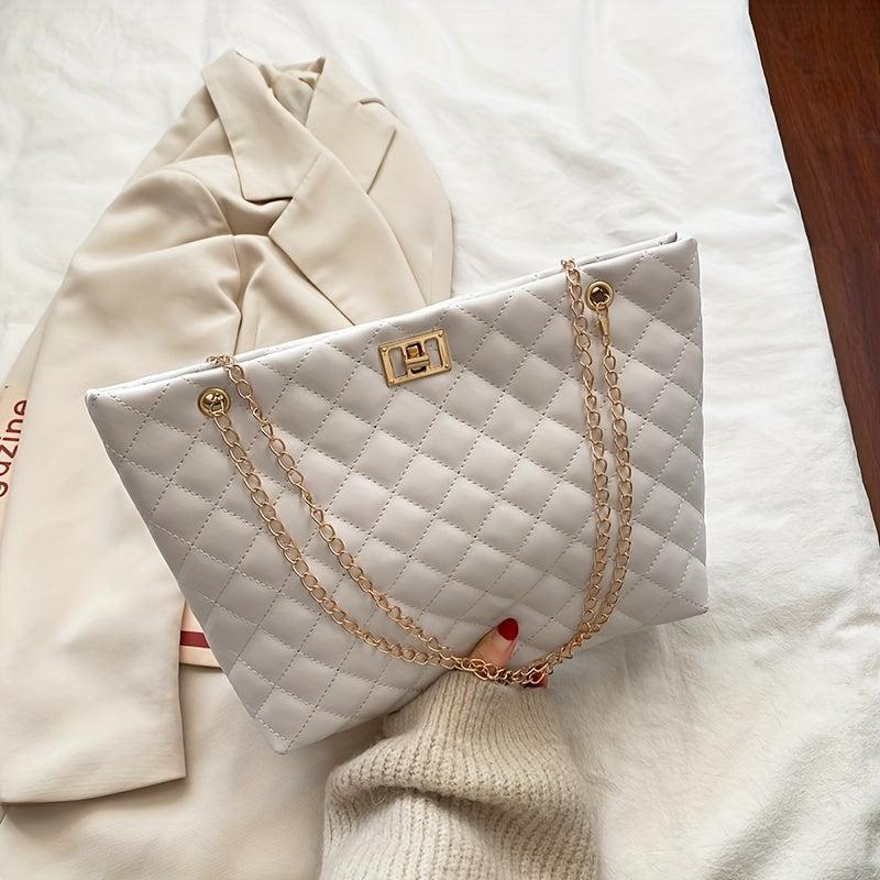 Quilted Chain Tote Bag PU Leather Handbag Women's Large Capacity Shoulder Bag