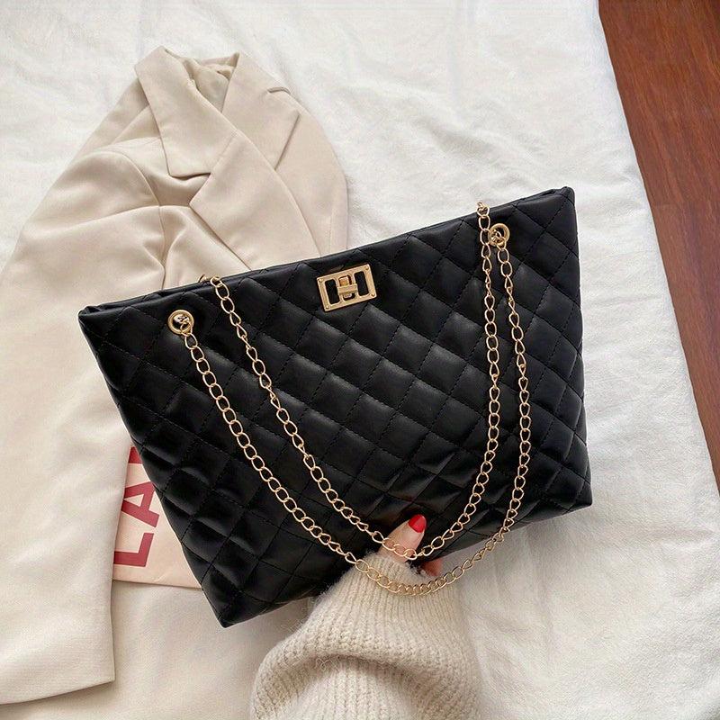Quilted Chain Tote Bag PU Leather Handbag Women's Large Capacity Shoulder Bag